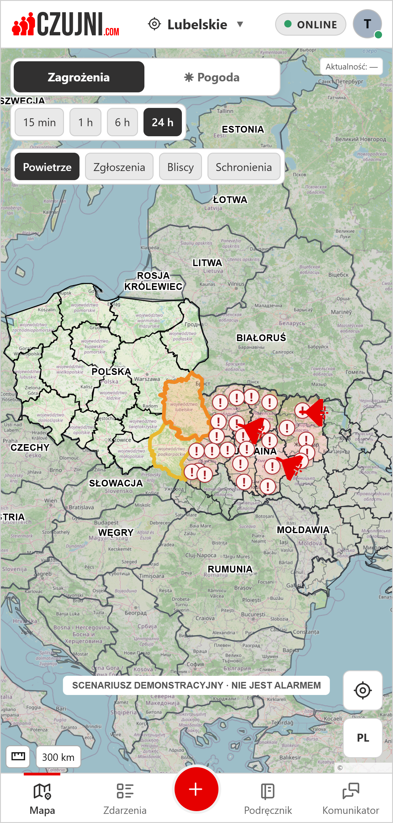 Symulacja: trzy drony w Ukrainie w kierunku Lubelskiego, pomarańczowe Lubelskie, żółte Podkarpackie i czerwone regiony Ukrainy