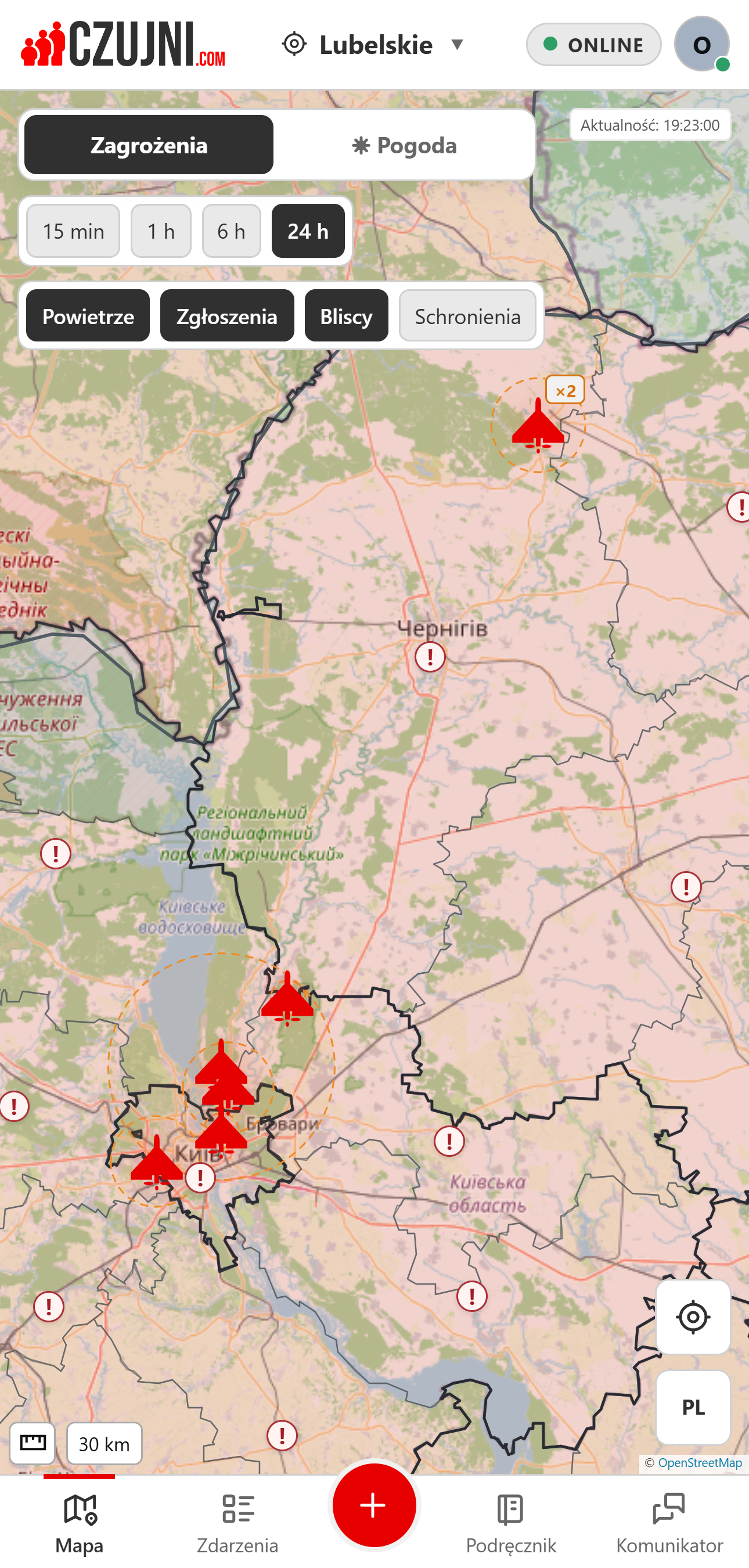 Mapa zagrożeń z powietrza i alarmów regionalnych UA