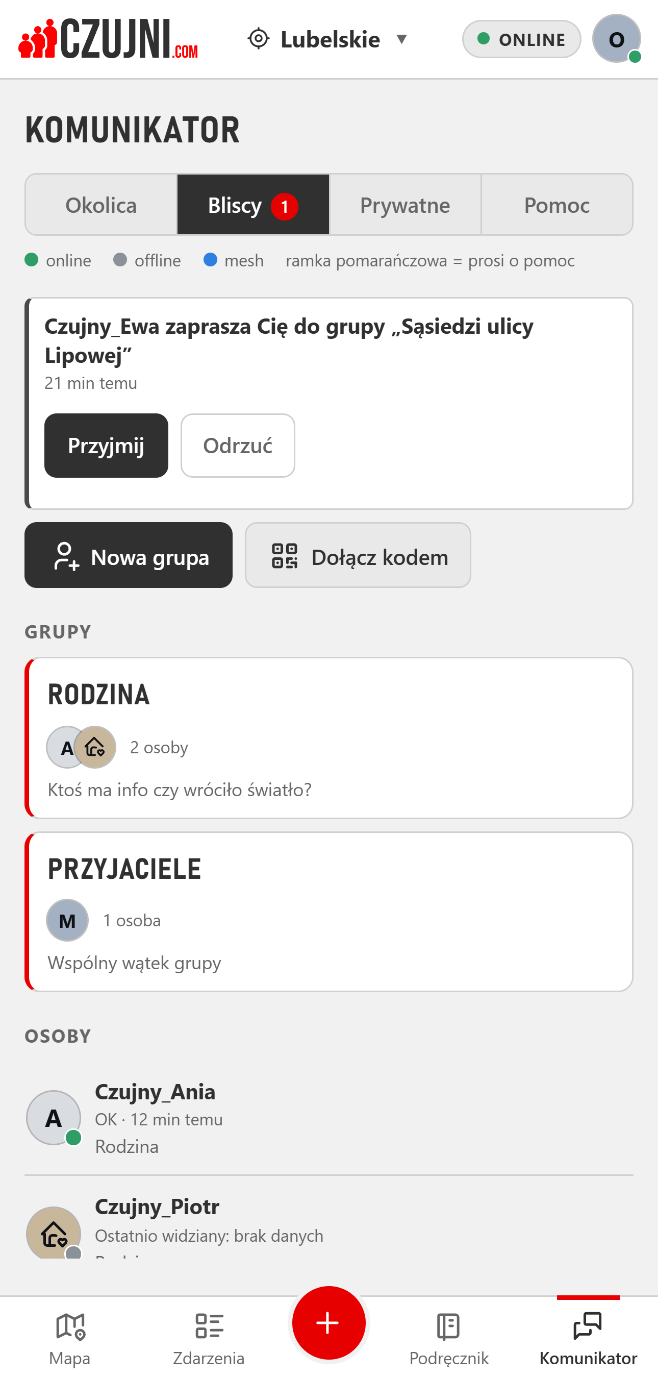 Rzeczywiste grupy i kontakty w komunikatorze CZUJNI