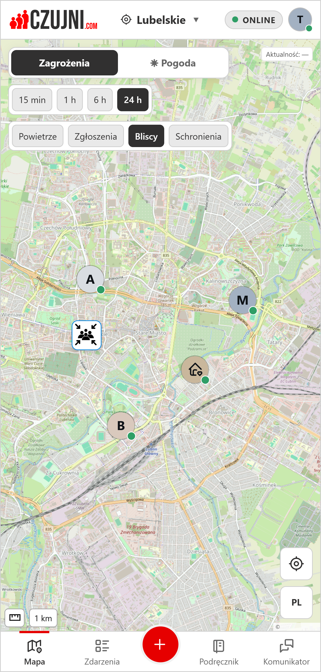 Cztery osoby z rodzinnej grupy na mapie Lublina oraz wspólny punkt zbiórki - fikcyjne lokalizacje