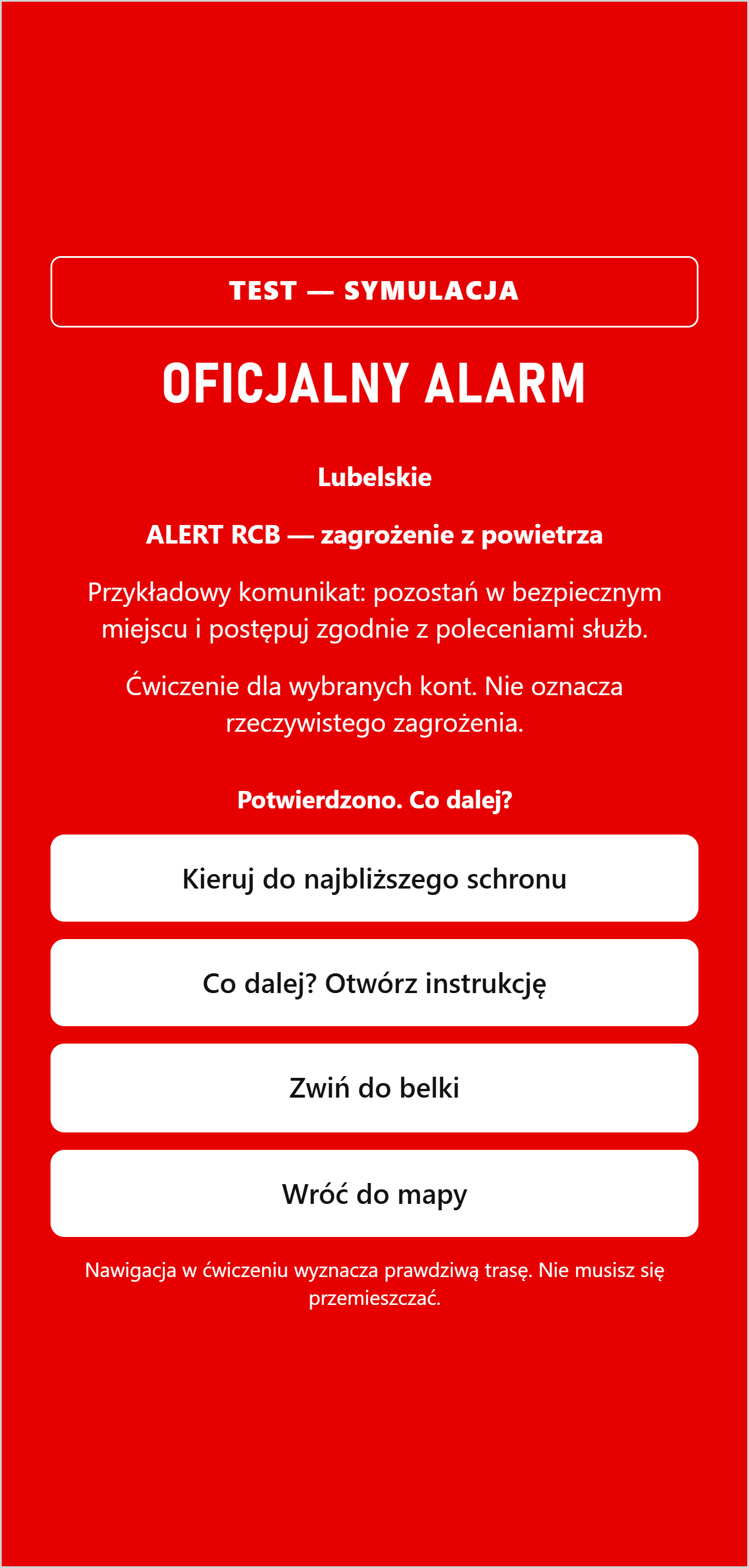 Demonstracyjny ekran oficjalnego alarmu RCB po potwierdzeniu, z przyciskiem Kieruj do najbliższego schronu