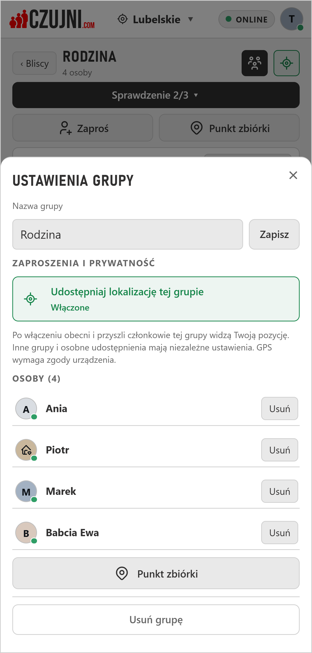 Ustawienia grupy Rodzina z włączonym przełącznikiem Udostępniaj lokalizację tej grupie
