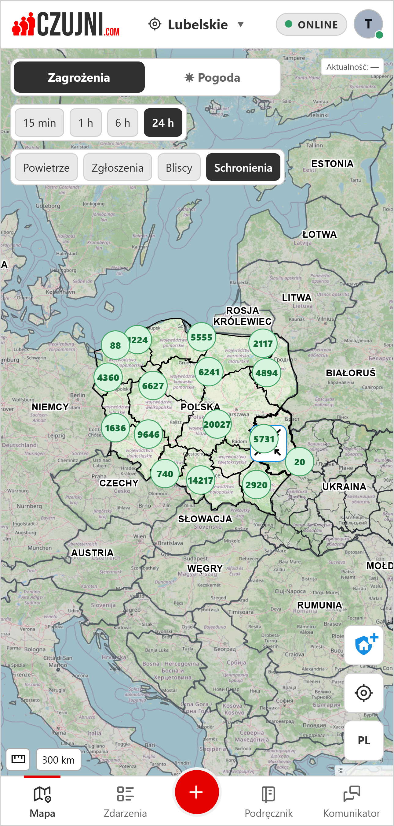 Cała Polska z grupami punktów schronienia PSP - liczby na mapie oznaczają liczbę miejsc w danym obszarze